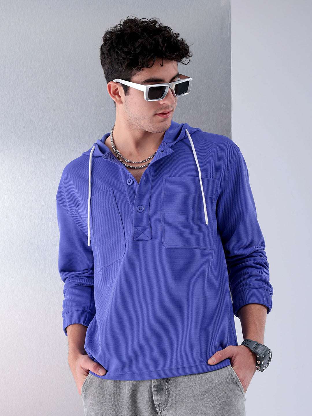 Shop Men Violet Regular Fit Solid Casual Hooded Shirt Online.