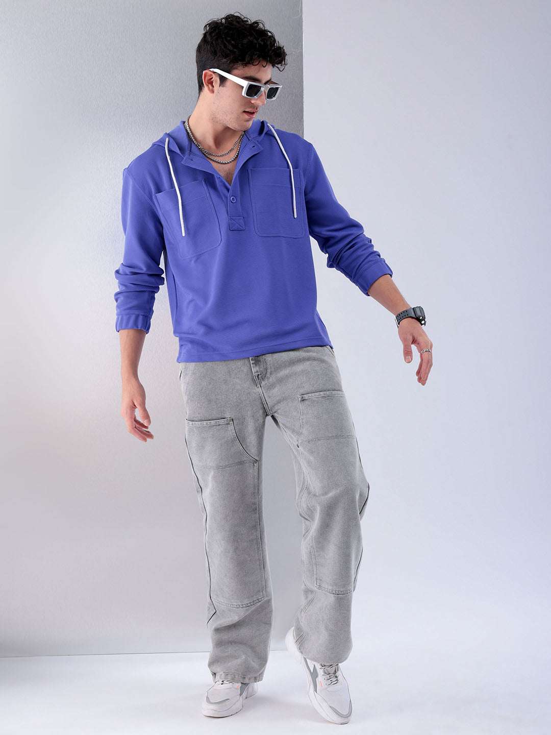 Shop Men Violet Regular Fit Solid Casual Hooded Shirt Online.