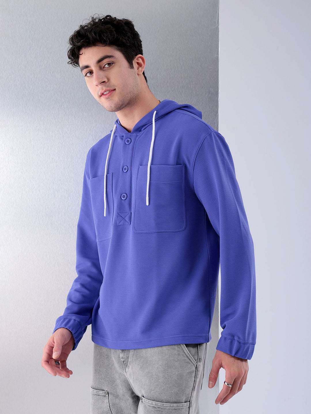 Shop Men Violet Regular Fit Solid Casual Hooded Shirt Online.