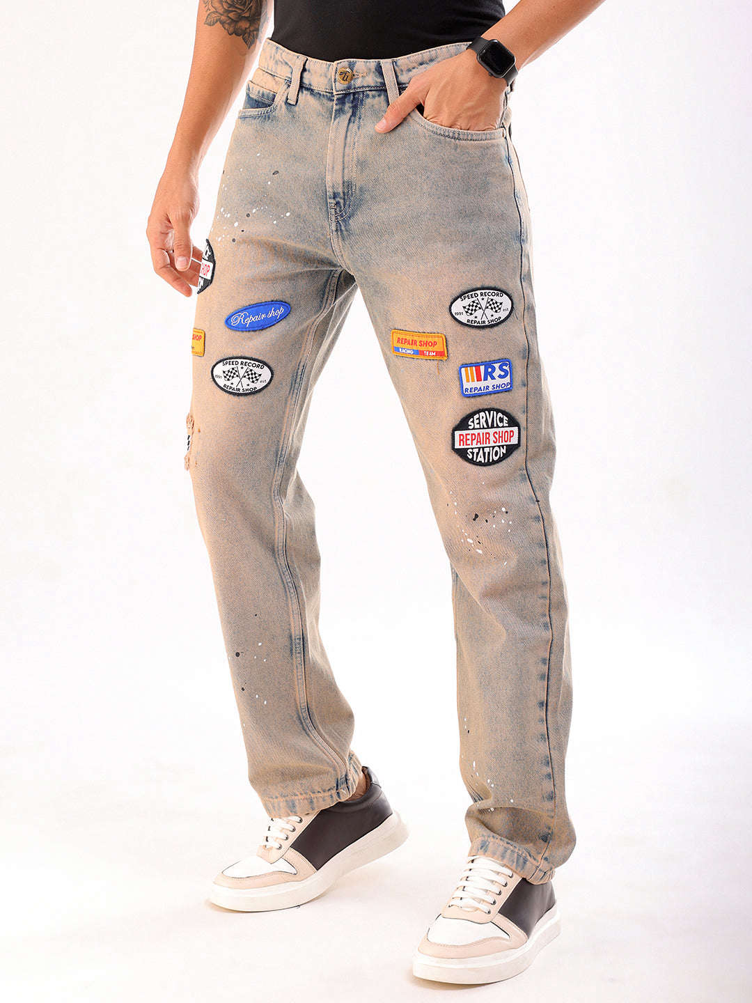 Shop Men Blue Paint Splash G361 Vintage Straight Fit Jeans Online.