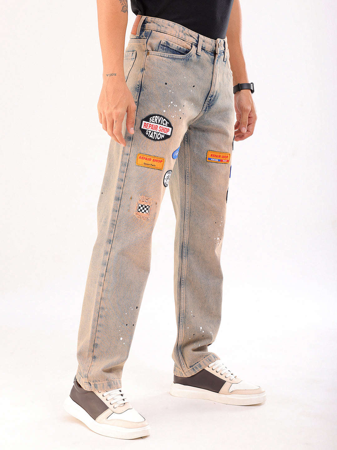 Shop Men Blue Paint Splash G361 Vintage Straight Fit Jeans Online.