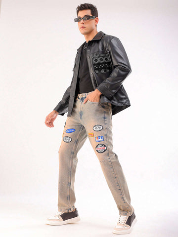 Shop Men Blue Paint Splash G361 Vintage Straight Fit Jeans 0923