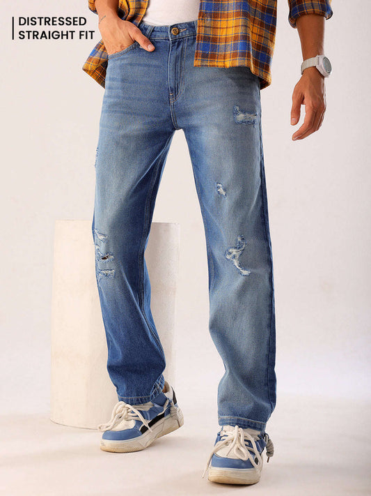 Men's Blue Vintage Straight Fit Distressed Mid-Rise Jeans