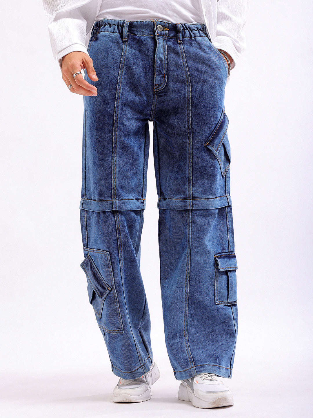 Shop Men Solid Wide Leg Zip-Off Convertible Utility Jeans Online.