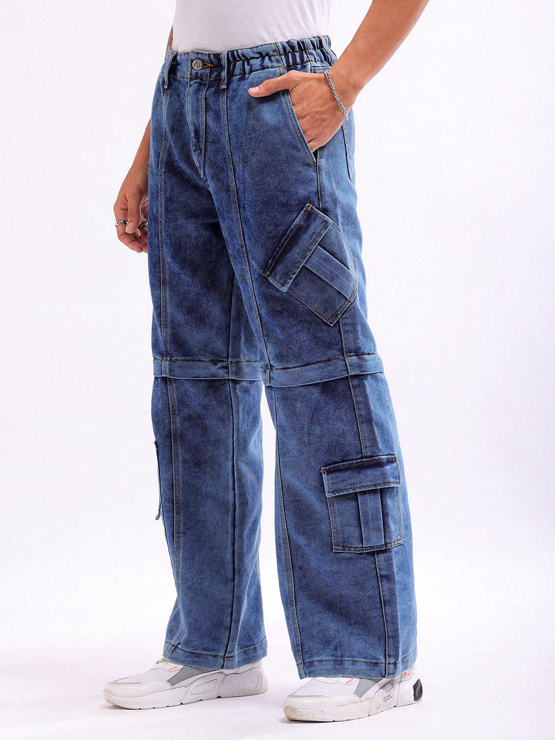 Shop Men Solid Wide Leg Zip-Off Convertible Utility Jeans Online.