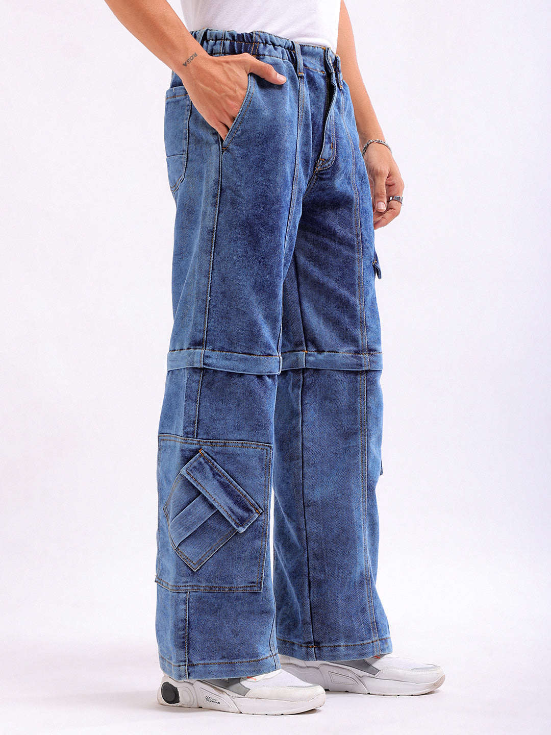 Shop Men Solid Wide Leg Zip-Off Convertible Utility Jeans Online.