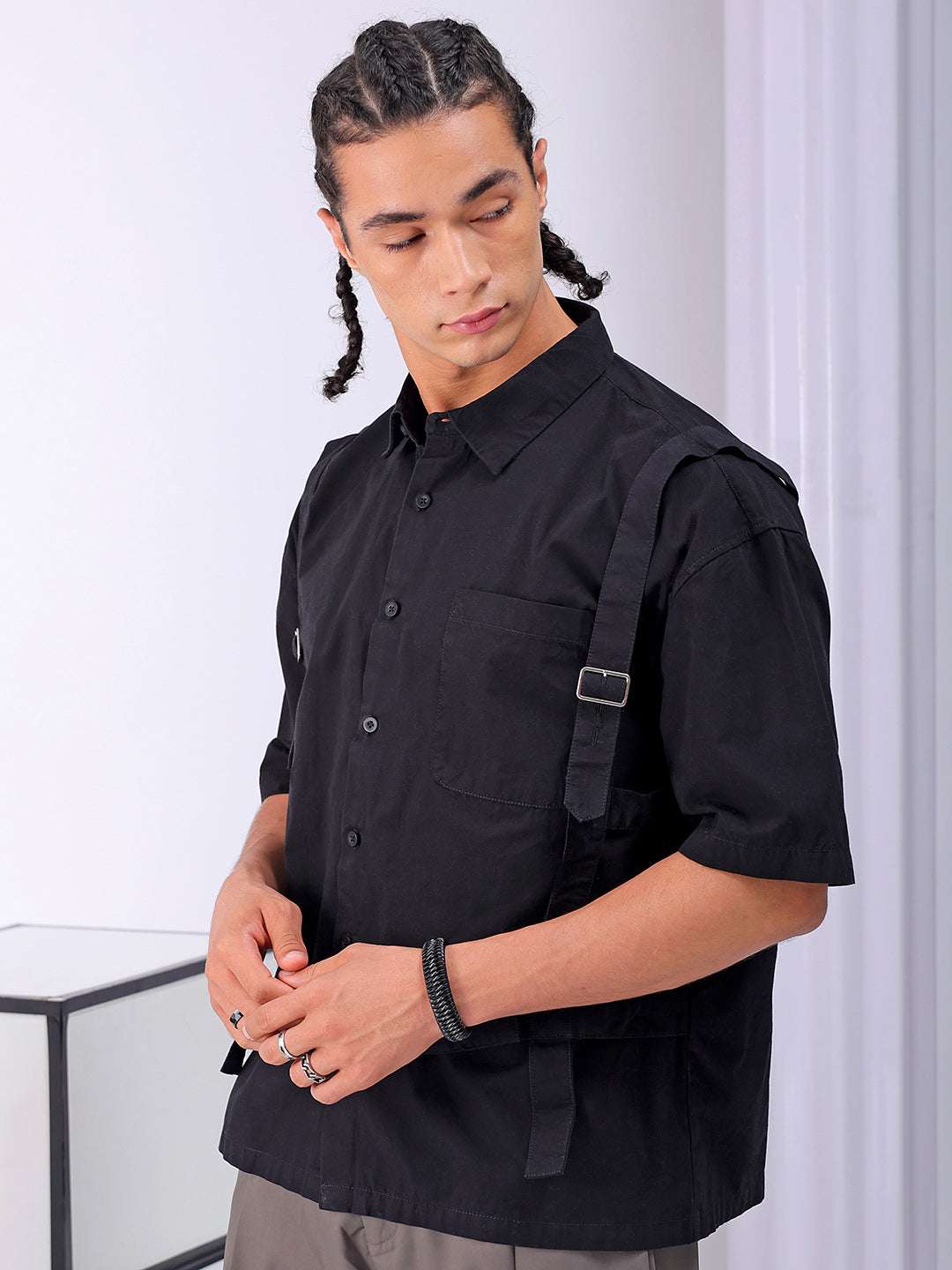 Shop Men's Black Boxy Fit Solid Streetwear Utility Shirt Online.