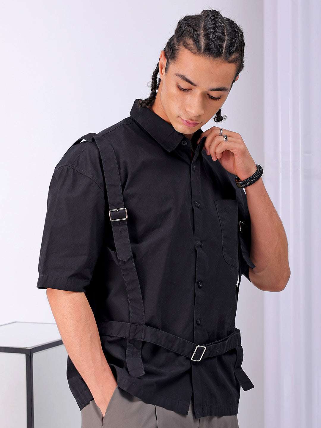 Shop Men's Black Boxy Fit Solid Streetwear Utility Shirt Online.