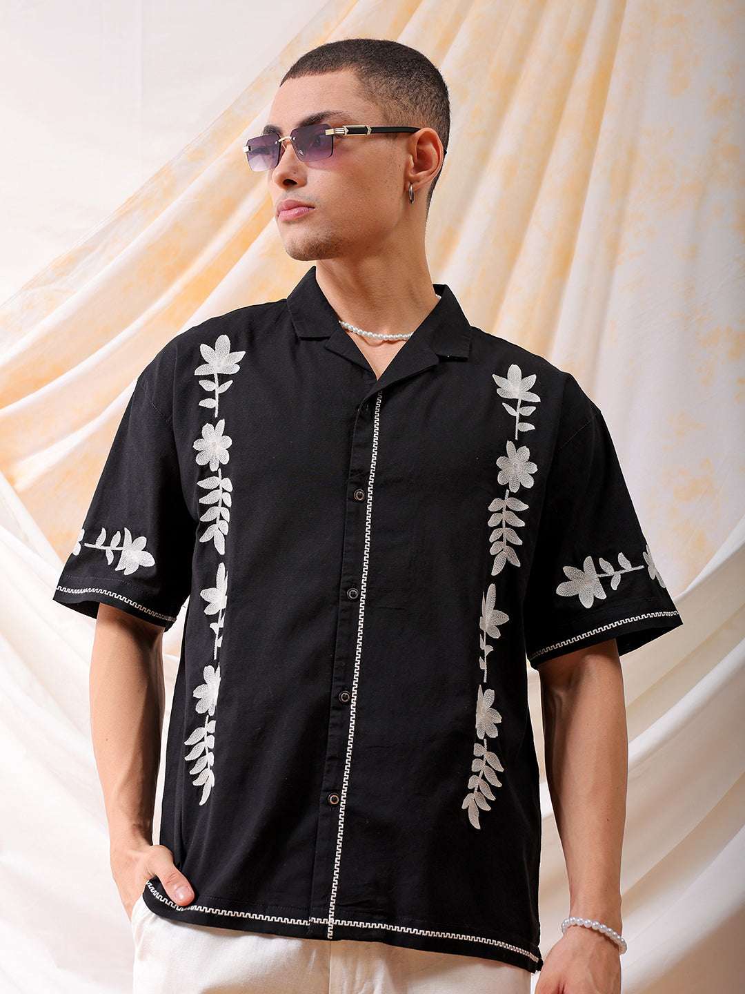 Shop Men Embroidered Relaxed Fit Resort Wear Shirt Online.