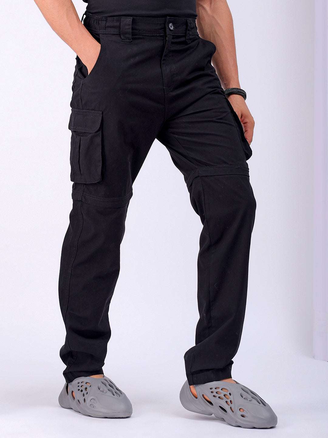 Shop Men's Black Relaxed Fit Zip-Off Convertible Solid Cargo Online.