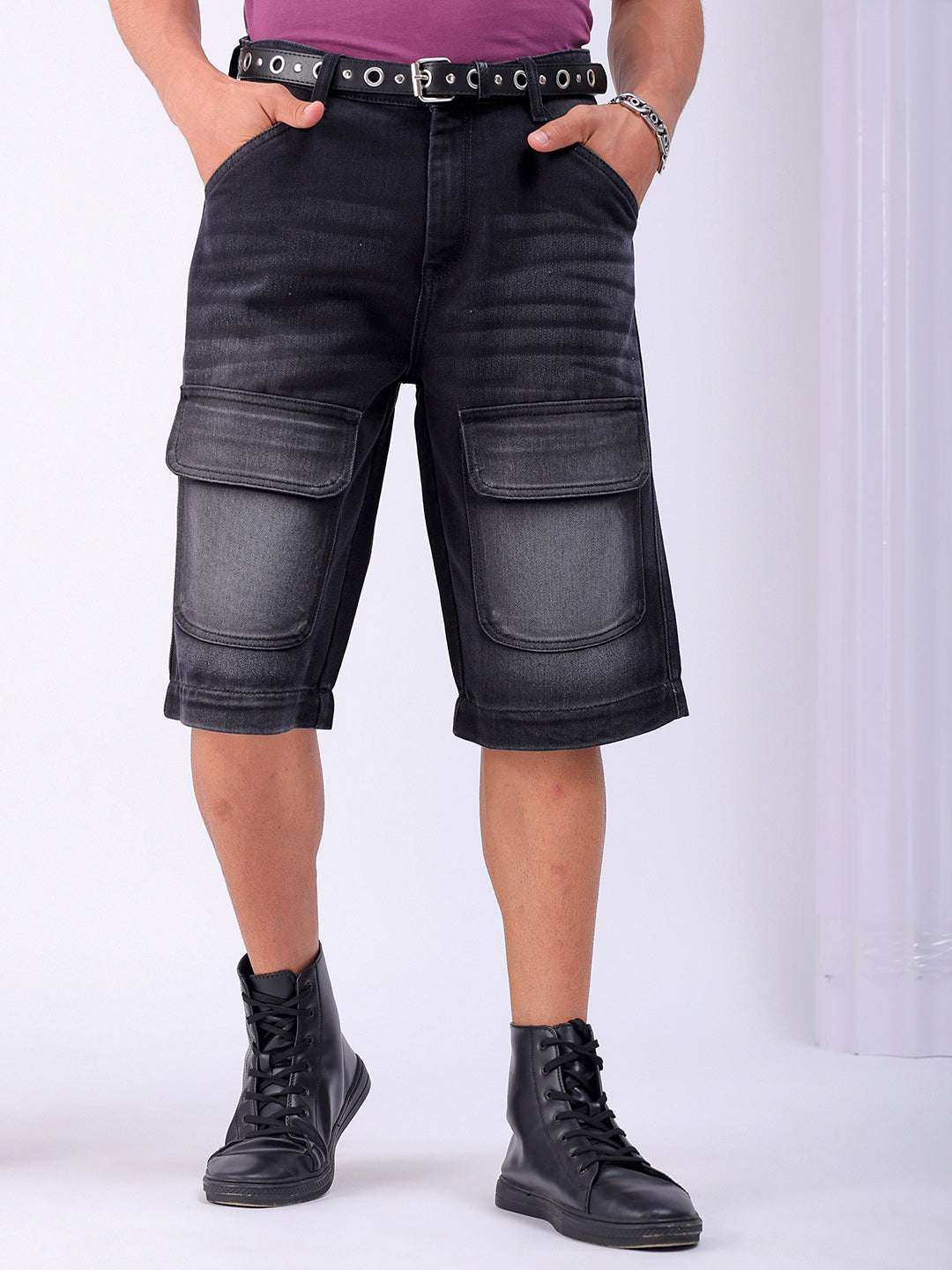 Shop Men's Black Washed Relaxed Fit Utility Cargo Shorts Online.