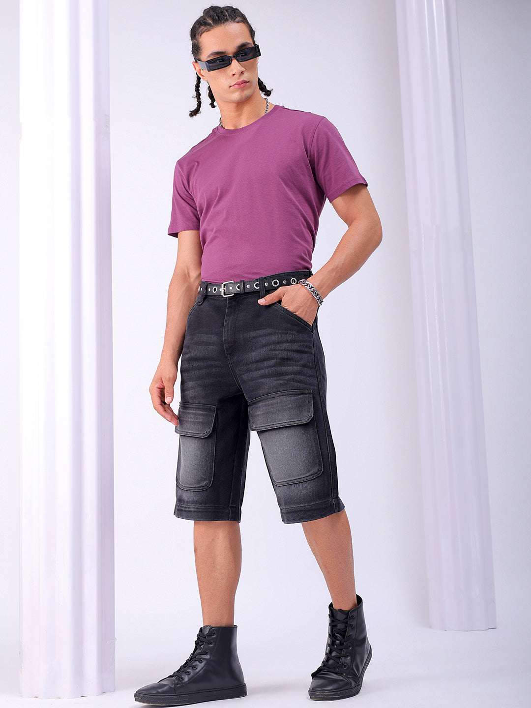 Shop Men's Black Washed Relaxed Fit Utility Cargo Shorts Online.