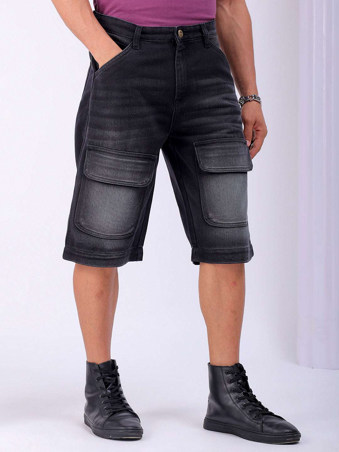 Shop Men's Black Washed Relaxed Fit Utility Cargo Shorts Online.