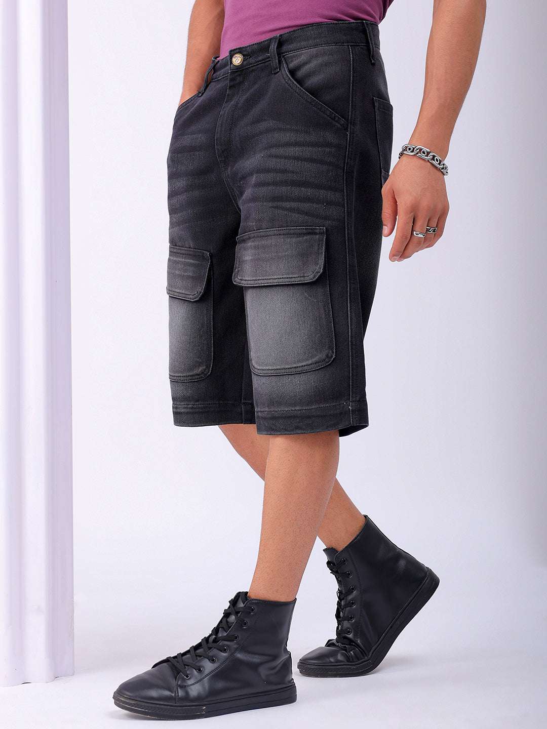 Shop Men's Black Washed Relaxed Fit Utility Cargo Shorts Online.