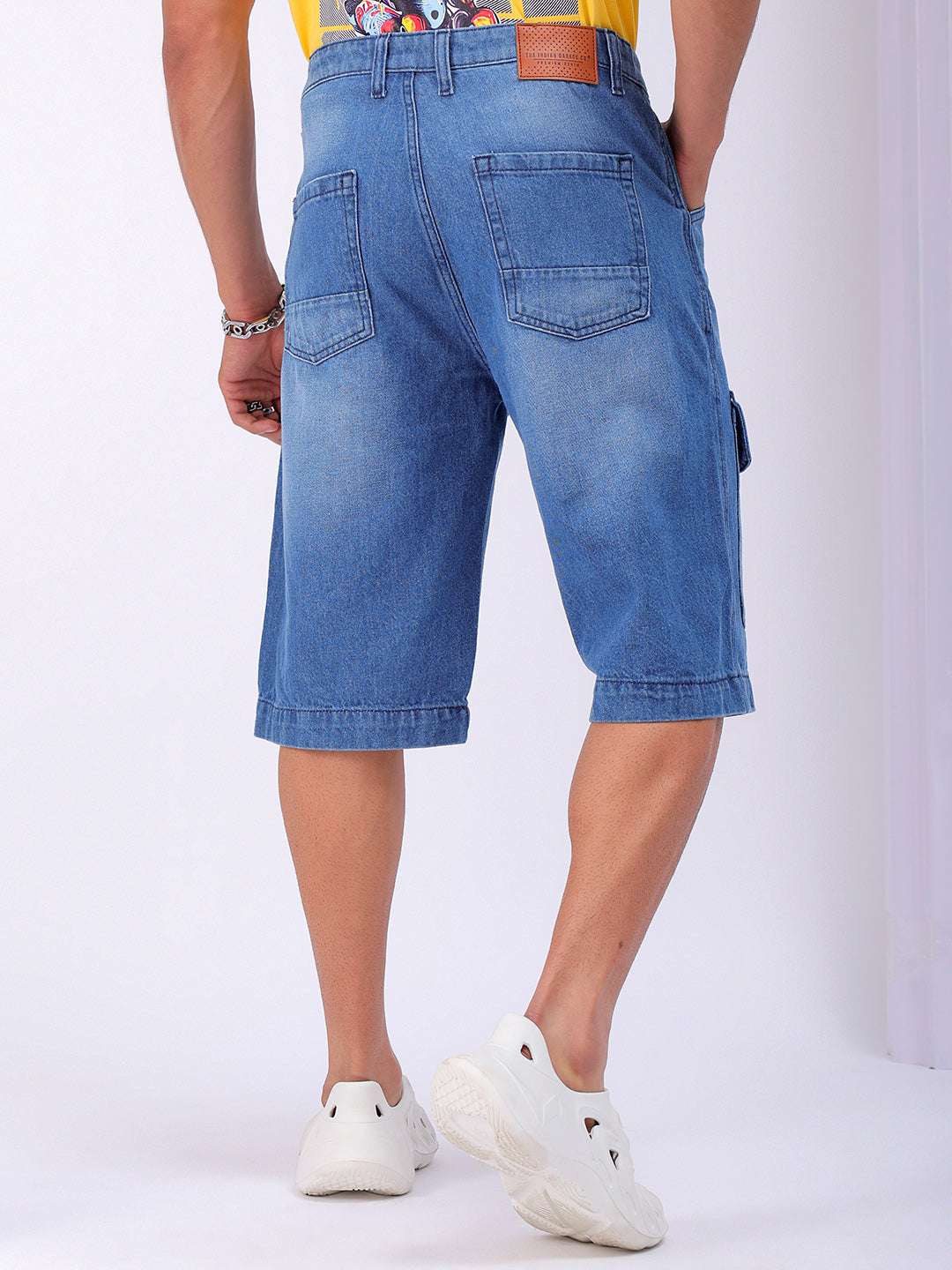 Shop Men's Blue Washed Relaxed Fit Utility Cargo Shorts Online.