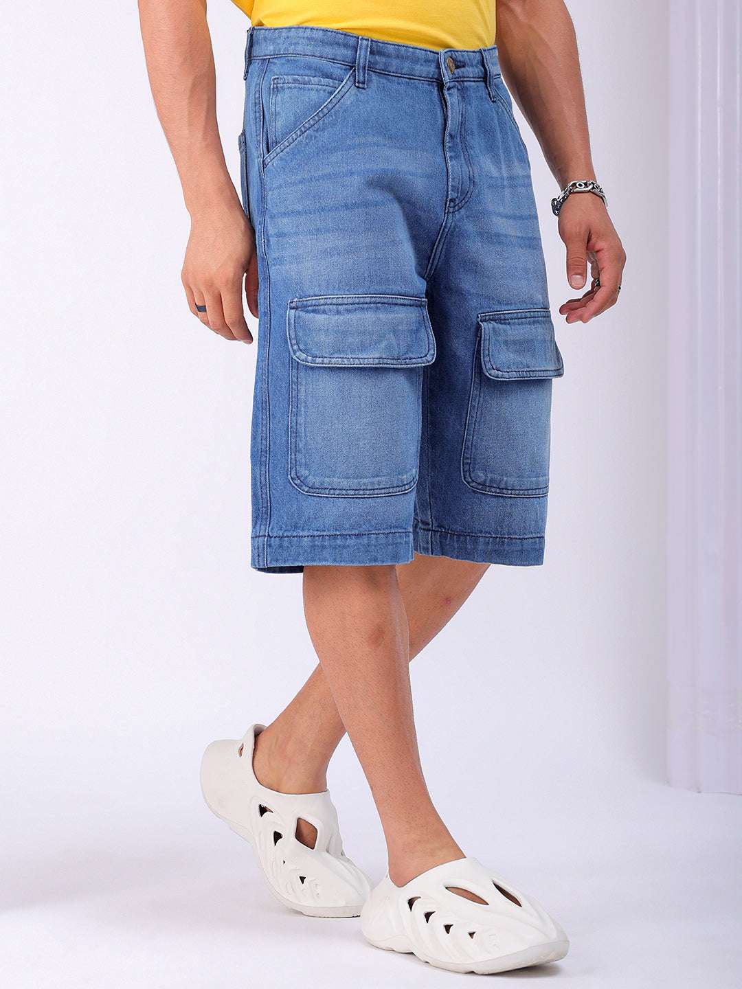 Shop Men's Blue Washed Relaxed Fit Utility Cargo Shorts Online.