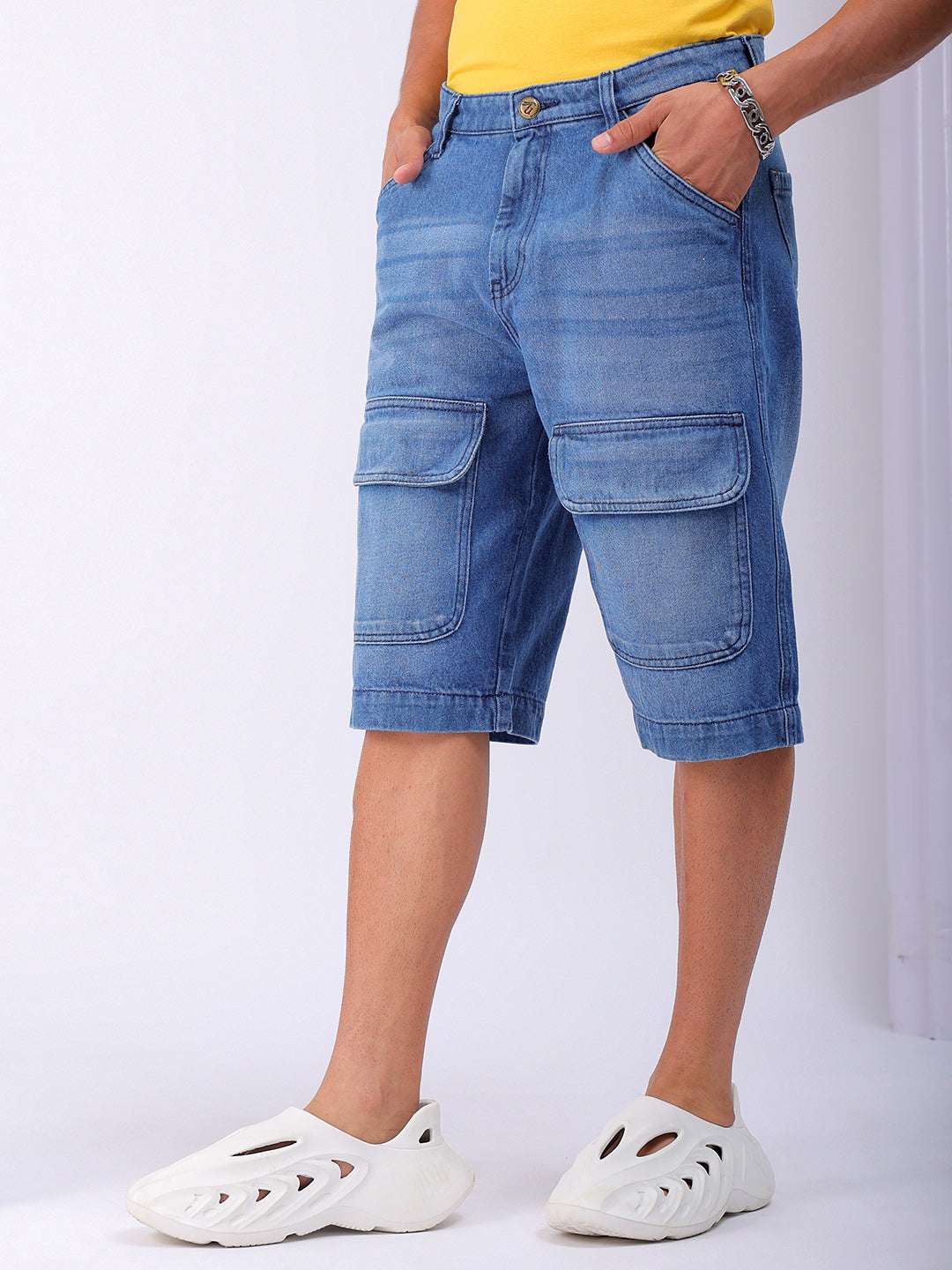 Shop Men's Blue Washed Relaxed Fit Utility Cargo Shorts Online.