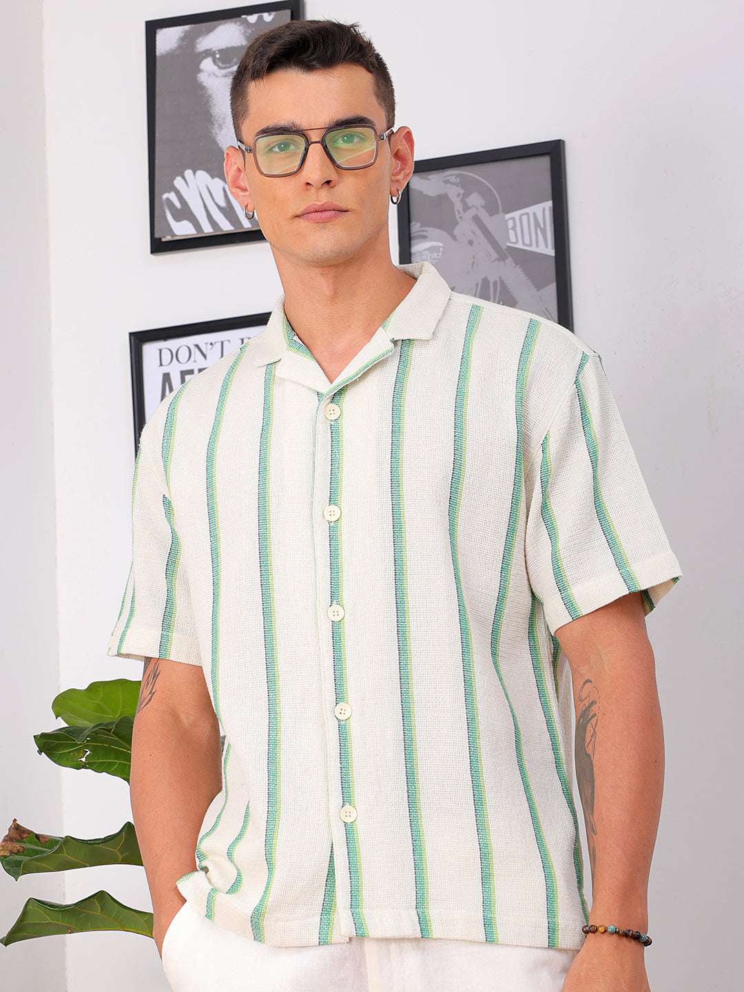 Shop Men's Cream Relaxed Fit Striped Resortwear Shirt Online.