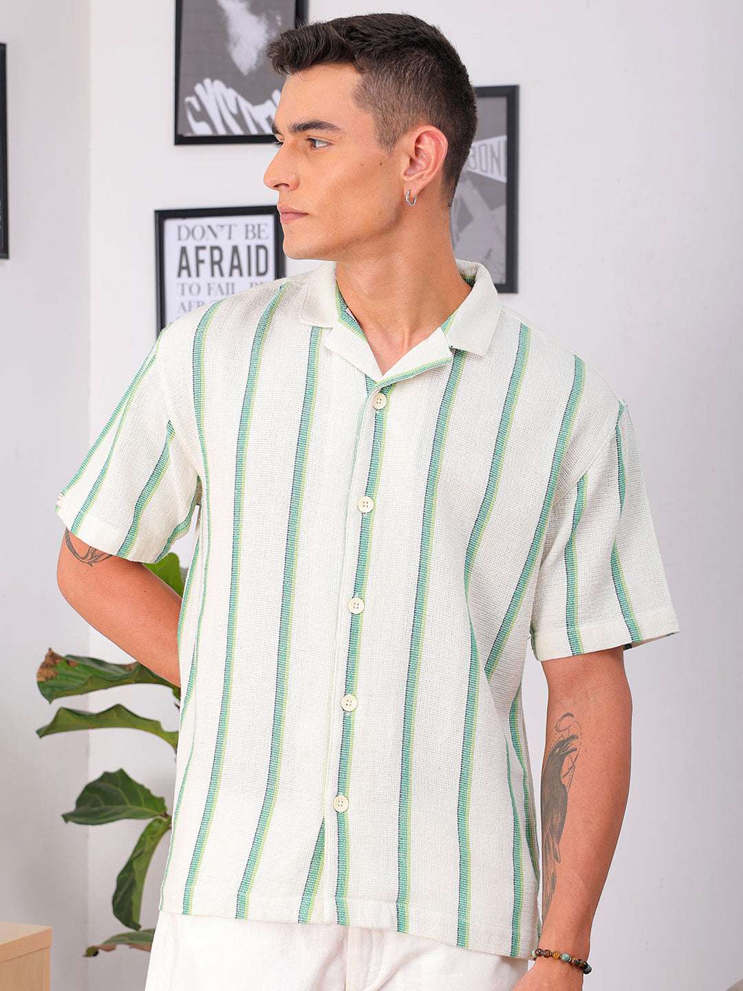 Shop Men's Cream Relaxed Fit Striped Resortwear Shirt Online.