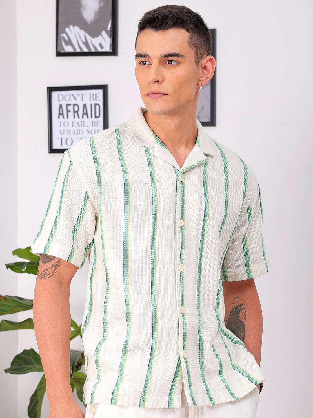 Shop Men's Cream Relaxed Fit Striped Resortwear Shirt Online.