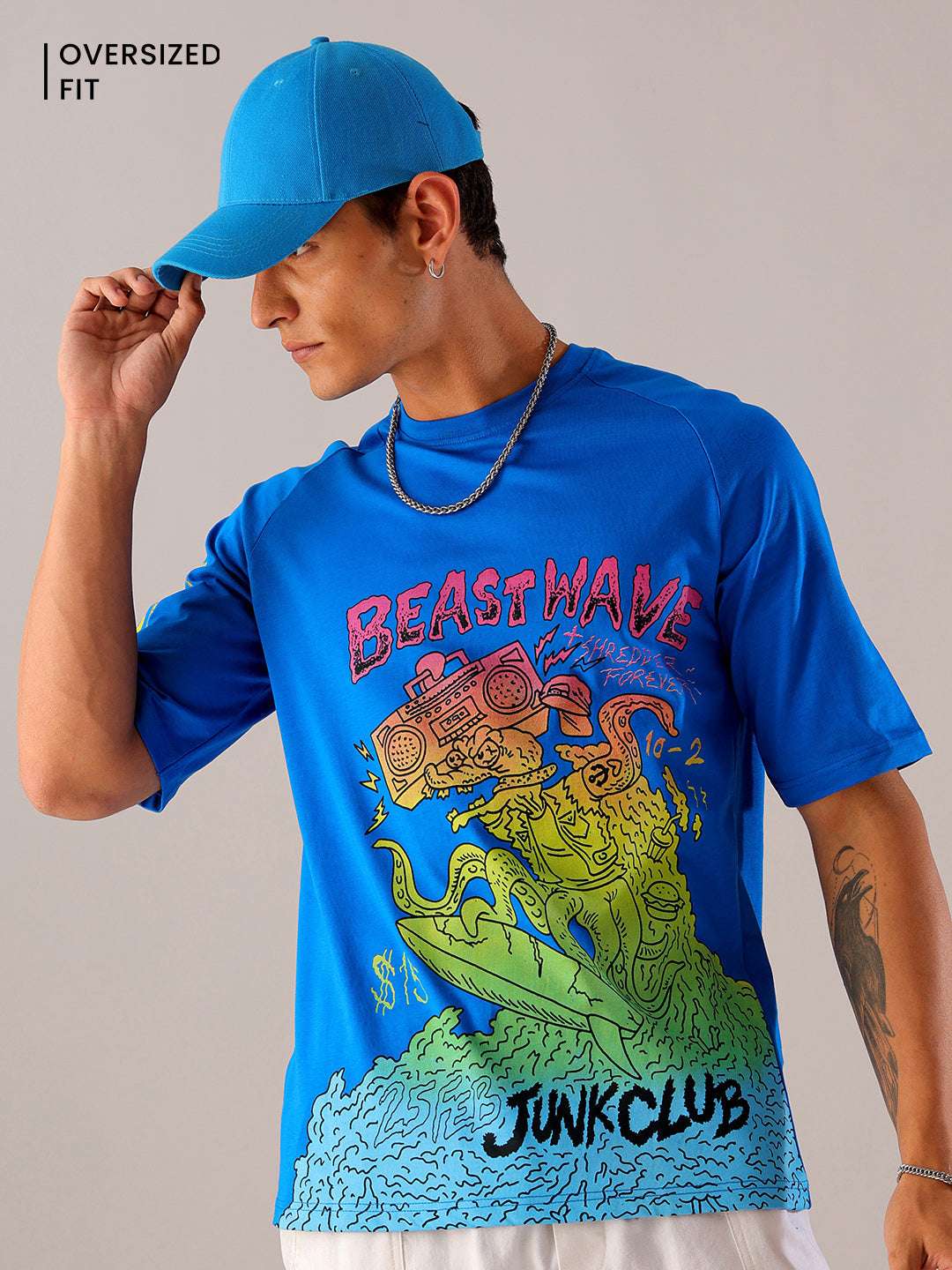 Men's Blue Boxy Oversized Placement Print Round Neck T-shirt