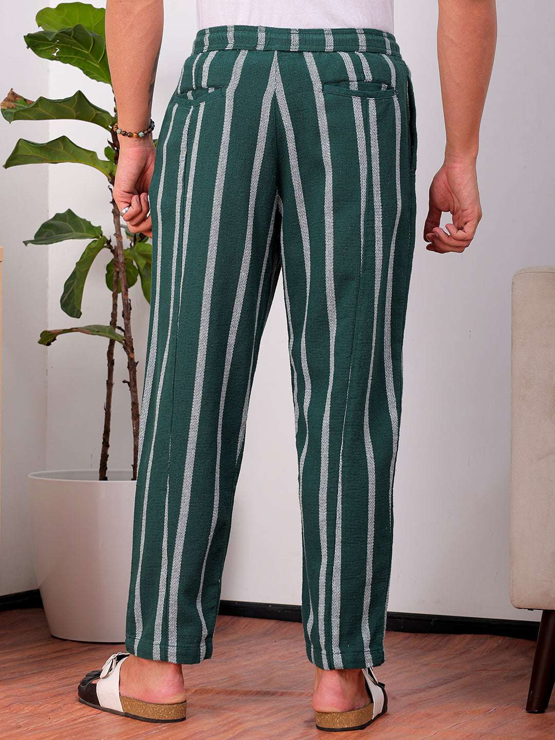 Shop Men's Green Loose Fit Striped Cotton Joggers Online.