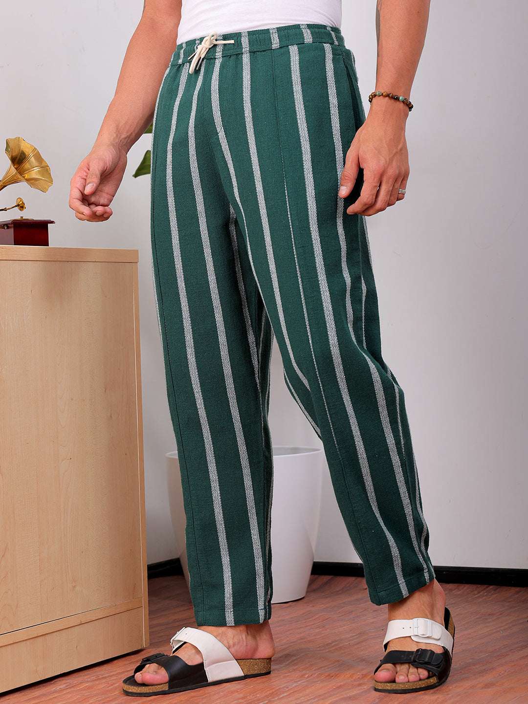 Shop Men's Green Loose Fit Striped Cotton Joggers Online.