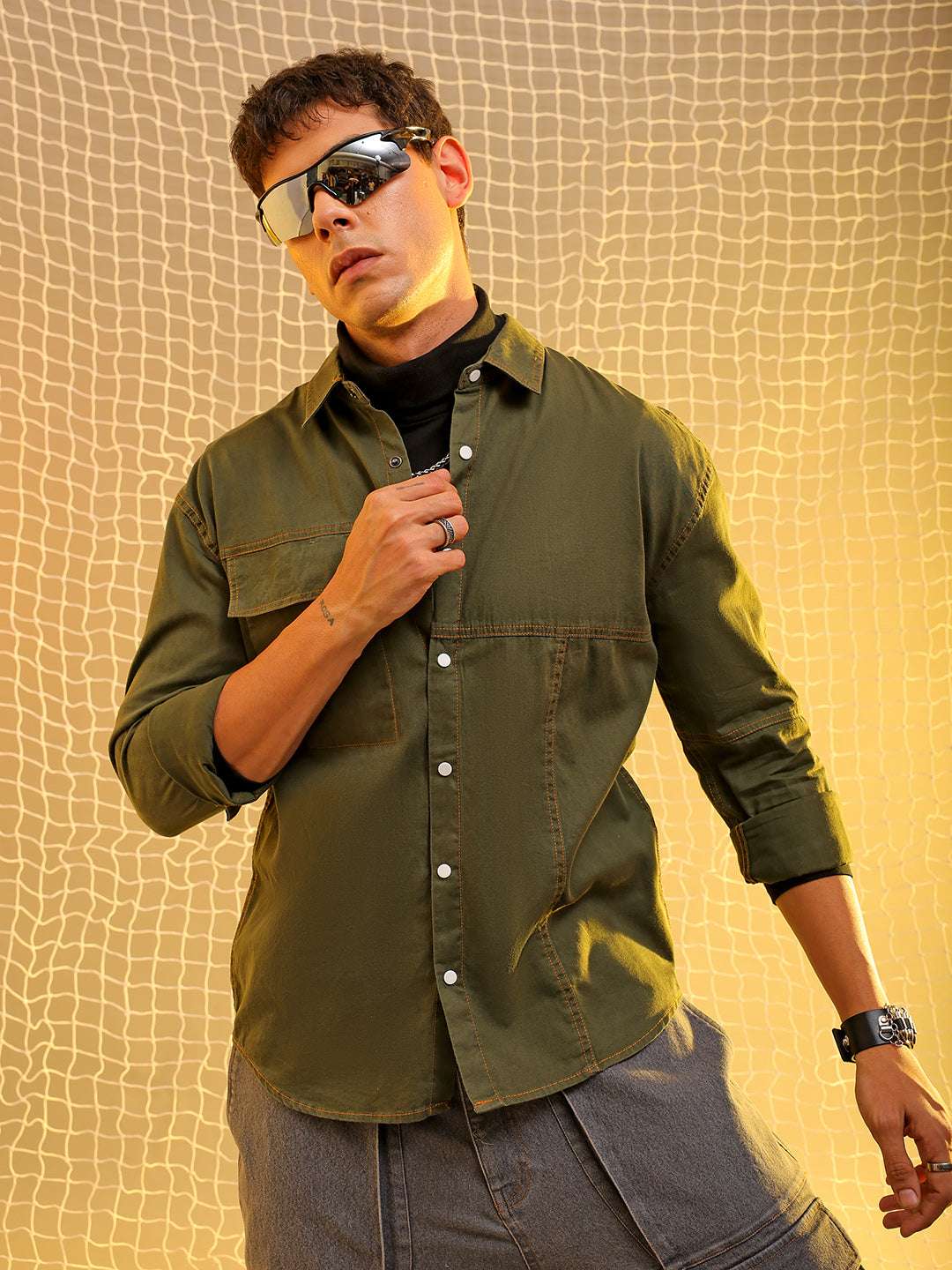 Shop Mens Green Regular Solid Sulphur Streetwear Shirt Online.