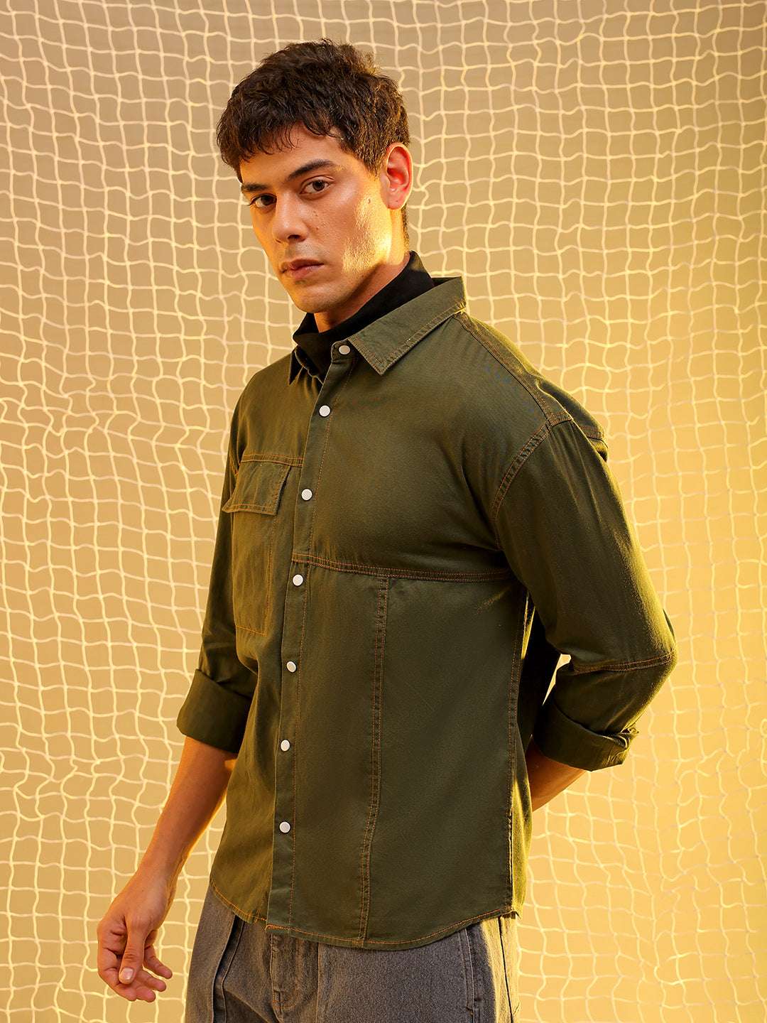 Shop Mens Green Regular Solid Sulphur Streetwear Shirt Online.