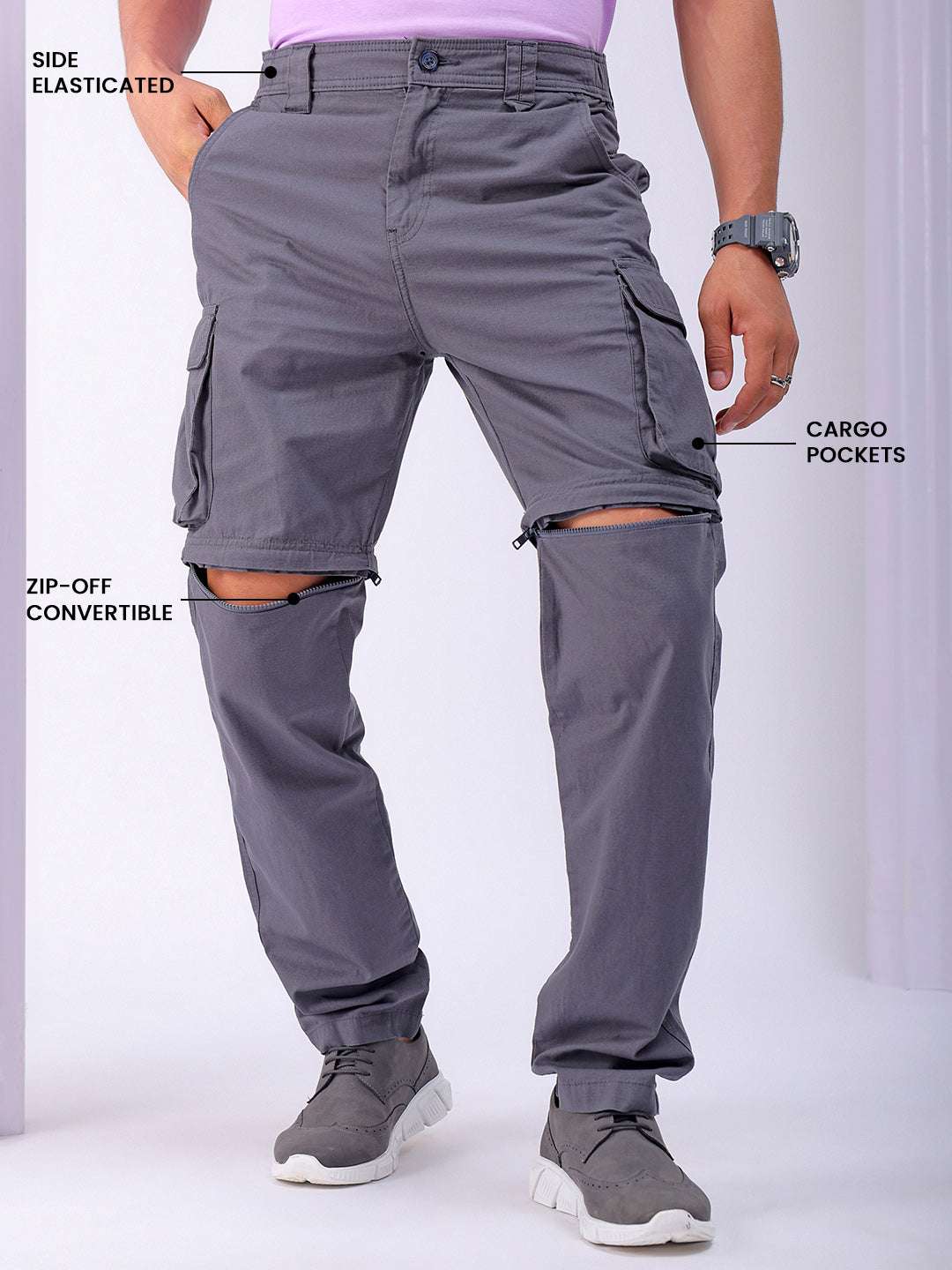 Shop Men's Grey Relaxed Fit Zip-Off Convertible Solid Cargo Online.