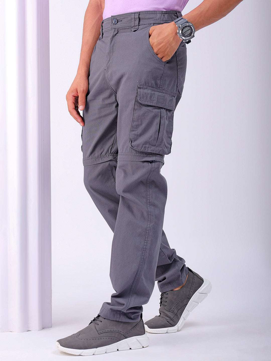 Shop Men's Grey Relaxed Fit Zip-Off Convertible Solid Cargo Online.