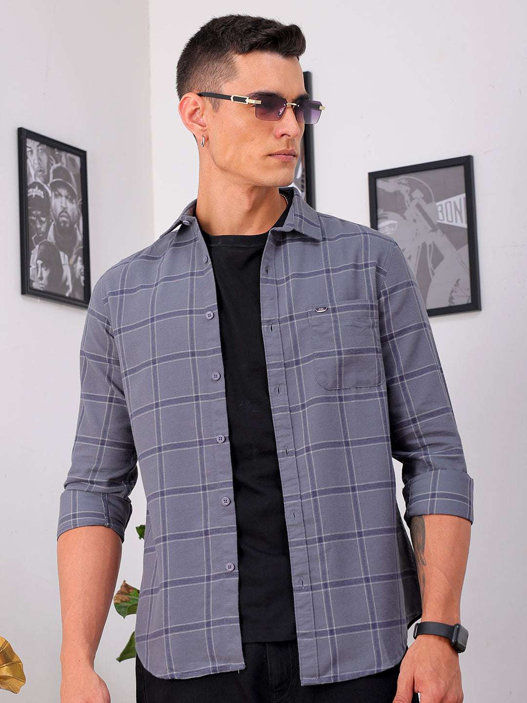 Shop Men's Grey Slim Fit Checked Casual Shirt Online.