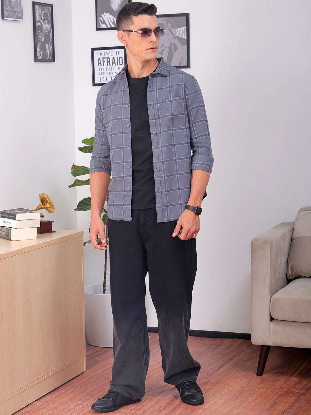 Shop Men's Grey Slim Fit Checked Casual Shirt Online.