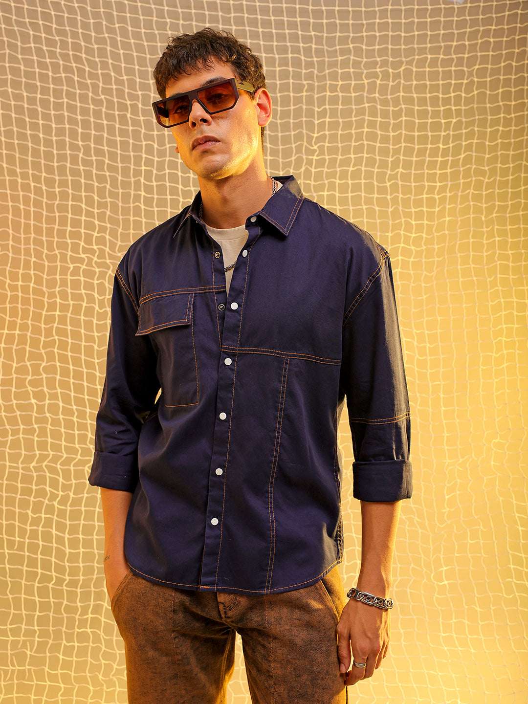 Shop Mens Navy Regular Solid Sulphur Streetwear Shirt Online.