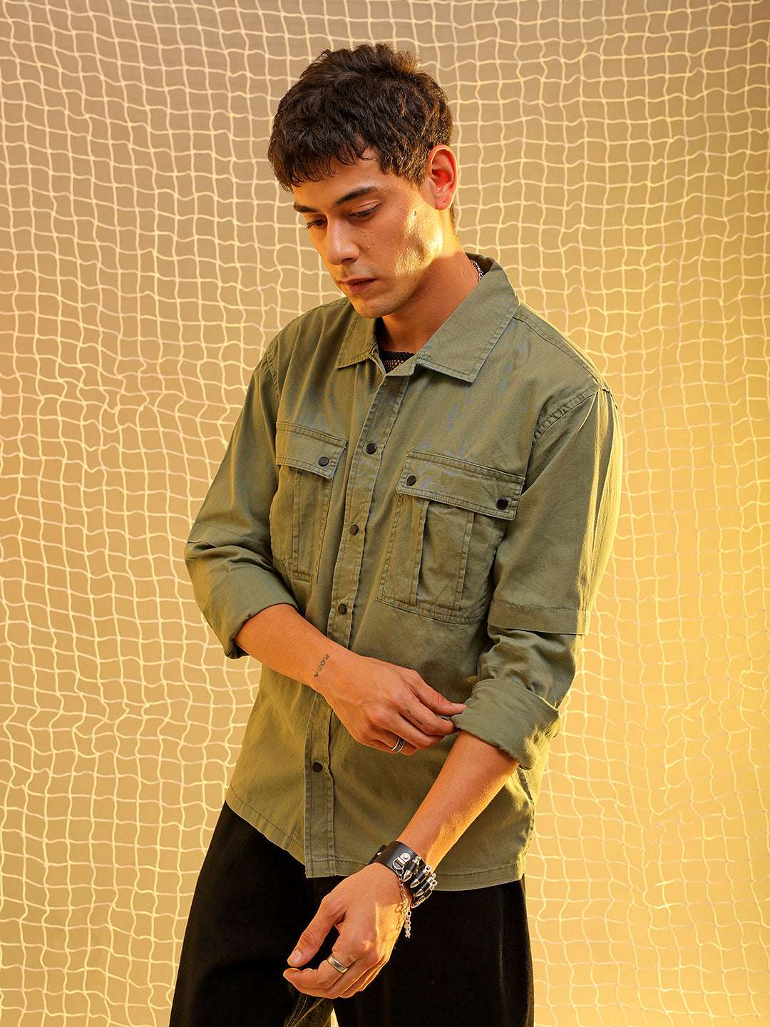 Shop Mens Olive Regular Solid Sulphur Streetwear Shirt Online.