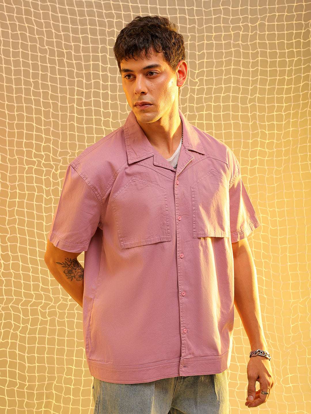 Shop Mens Pink Boxy Solid Sulphur Streetwear Shirt Online.