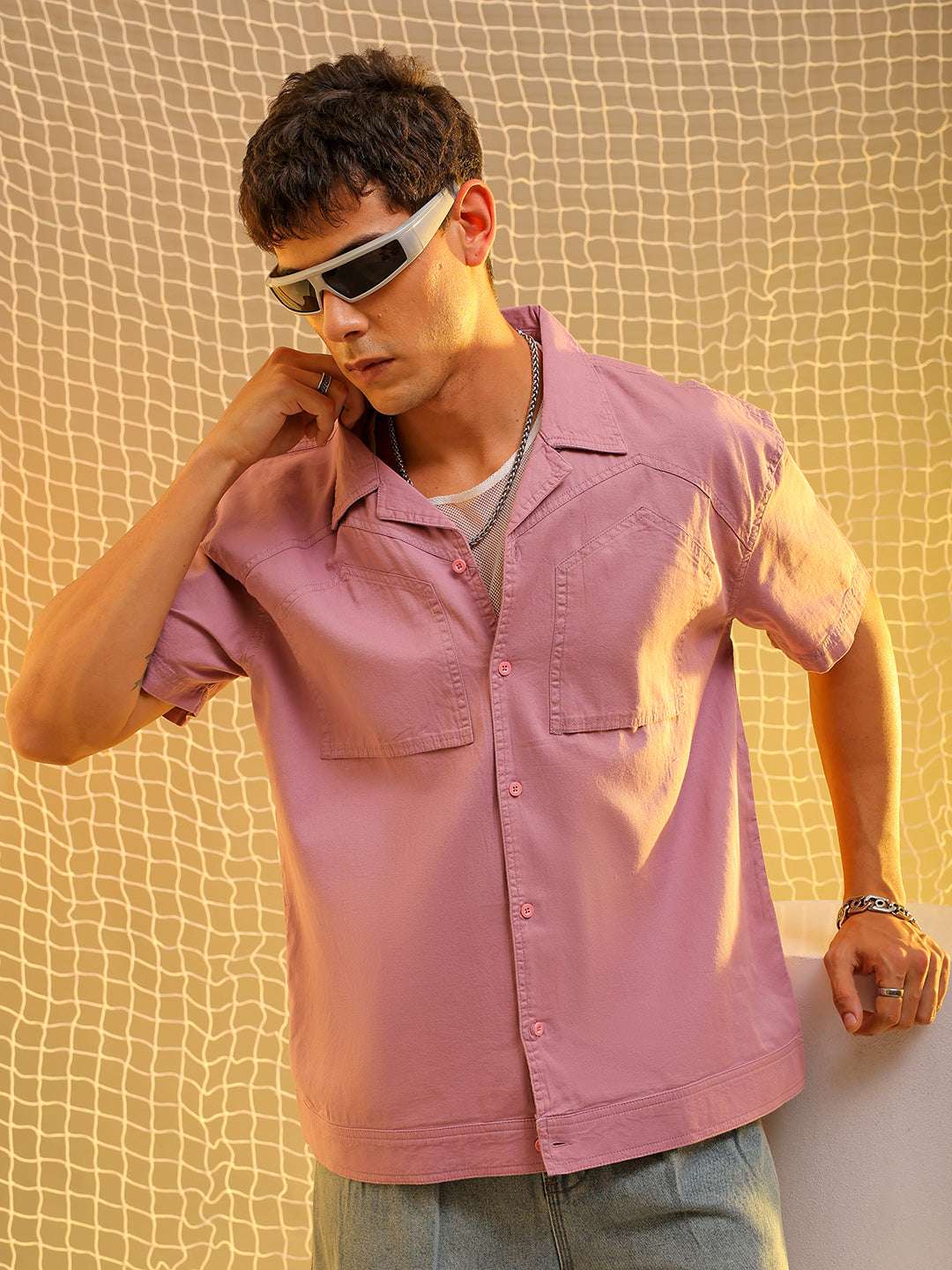 Shop Mens Pink Boxy Solid Sulphur Streetwear Shirt Online.