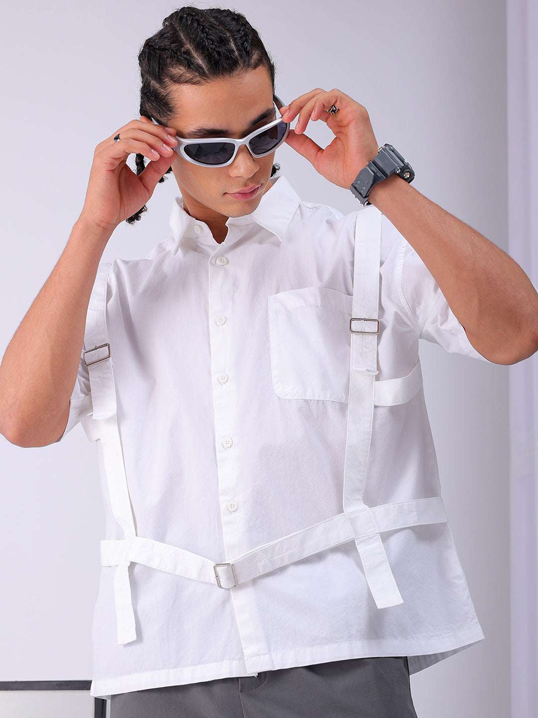 Shop Men's White Boxy Fit Solid Streetwear Utility Shirt Online.