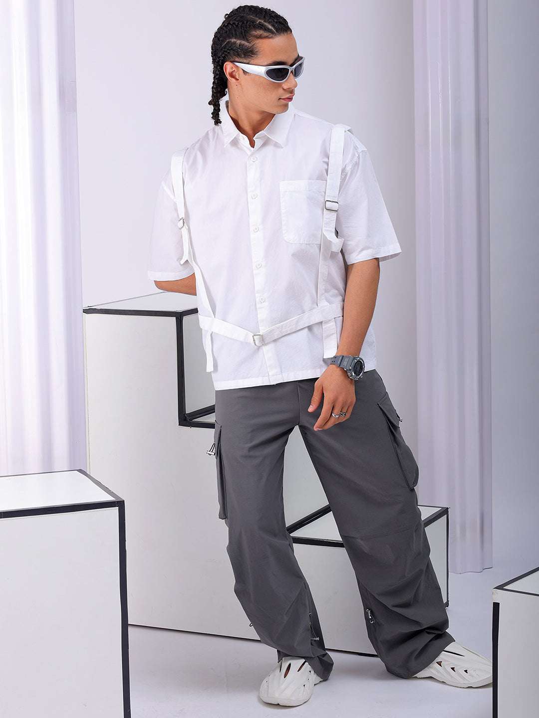 Shop Men's White Boxy Fit Solid Streetwear Utility Shirt Online.