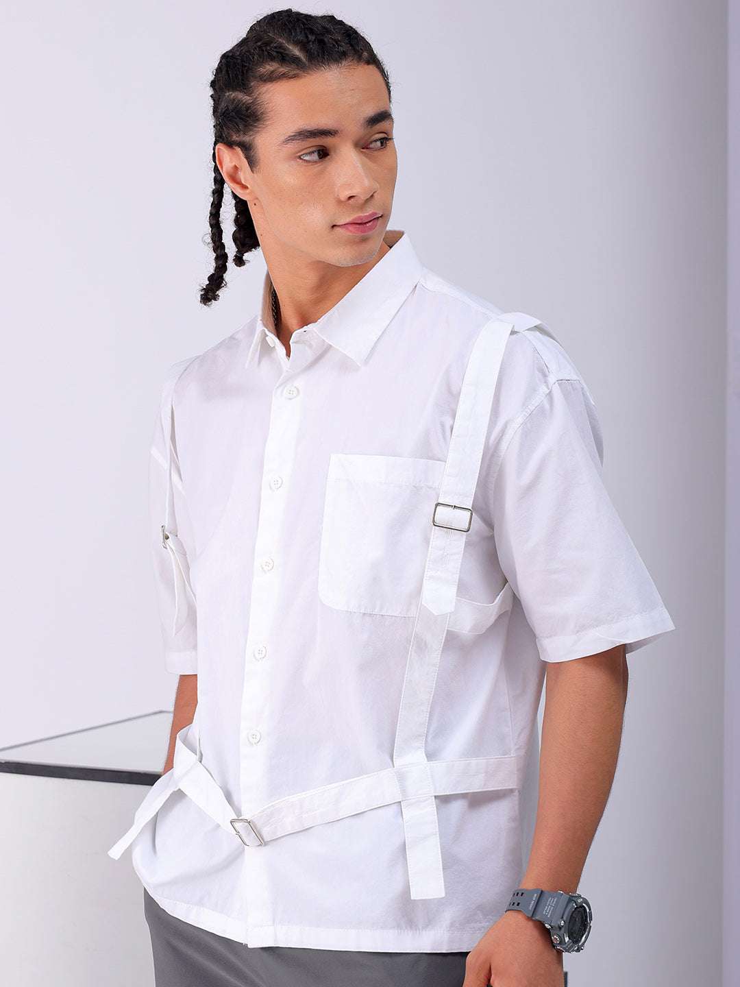 Shop Men's White Boxy Fit Solid Streetwear Utility Shirt Online.