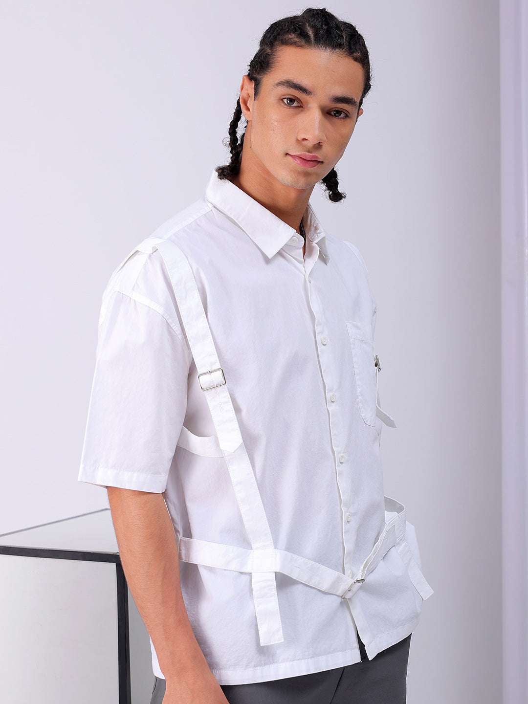 Shop Men's White Boxy Fit Solid Streetwear Utility Shirt Online.