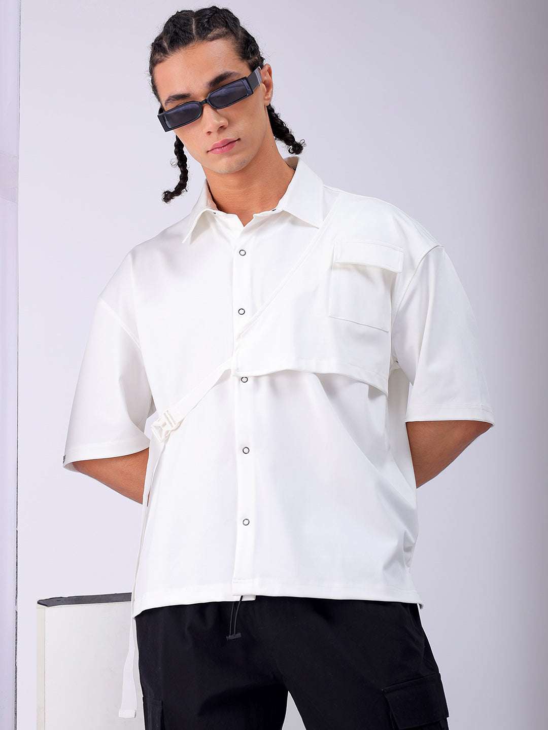 Shop Men's White Boxy Fit Solid Streetwear Utility Shirt Online.