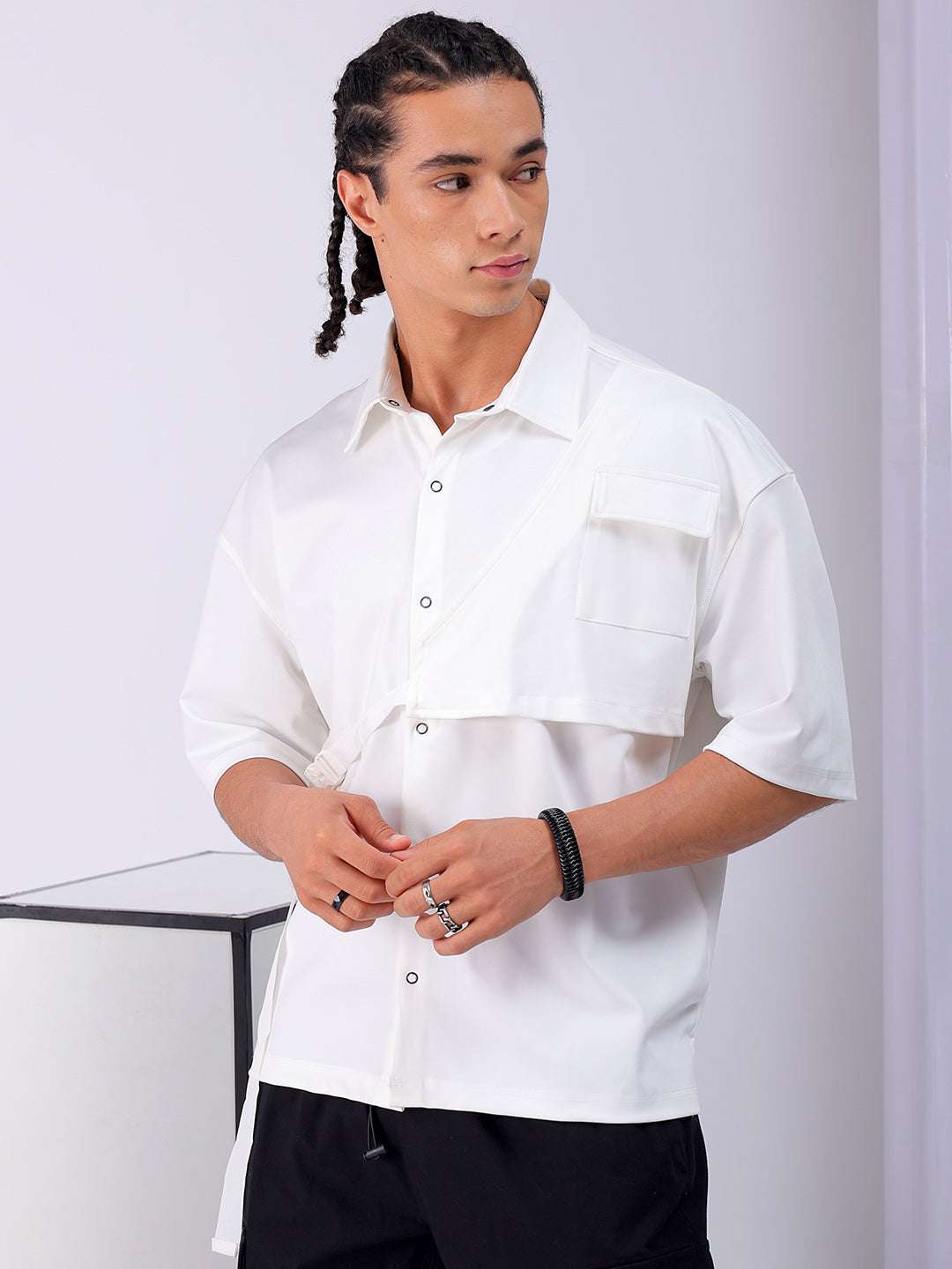 Shop Men's White Boxy Fit Solid Streetwear Utility Shirt Online.