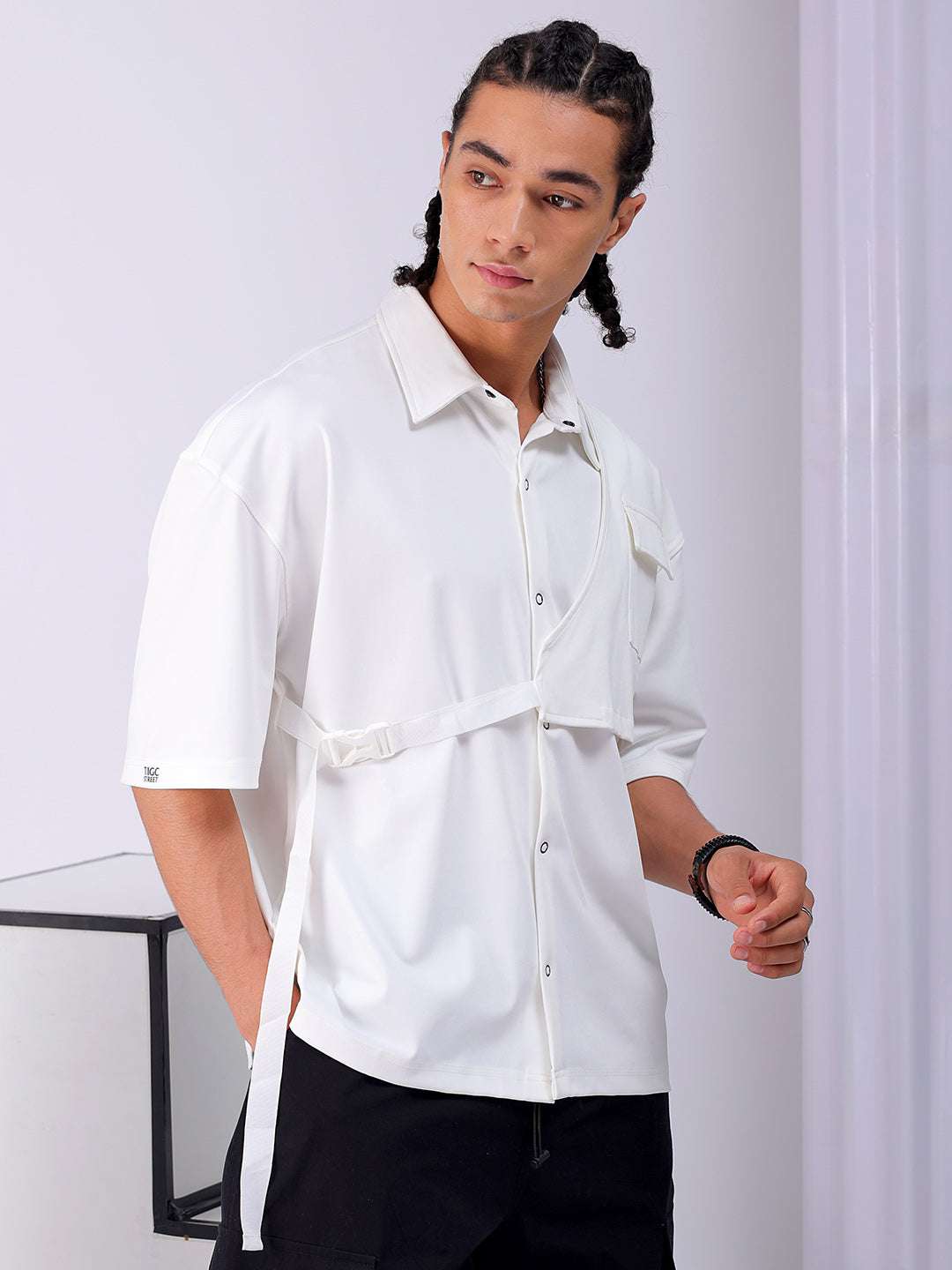 Shop Men's White Boxy Fit Solid Streetwear Utility Shirt Online.