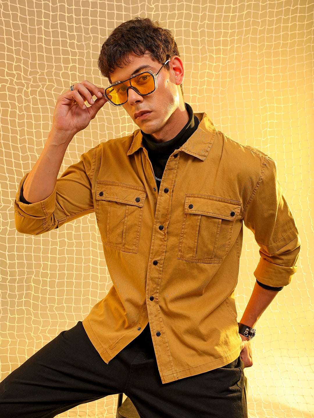 Shop Mens Yellow Regular Solid Sulphur Streetwear Shirt Online.