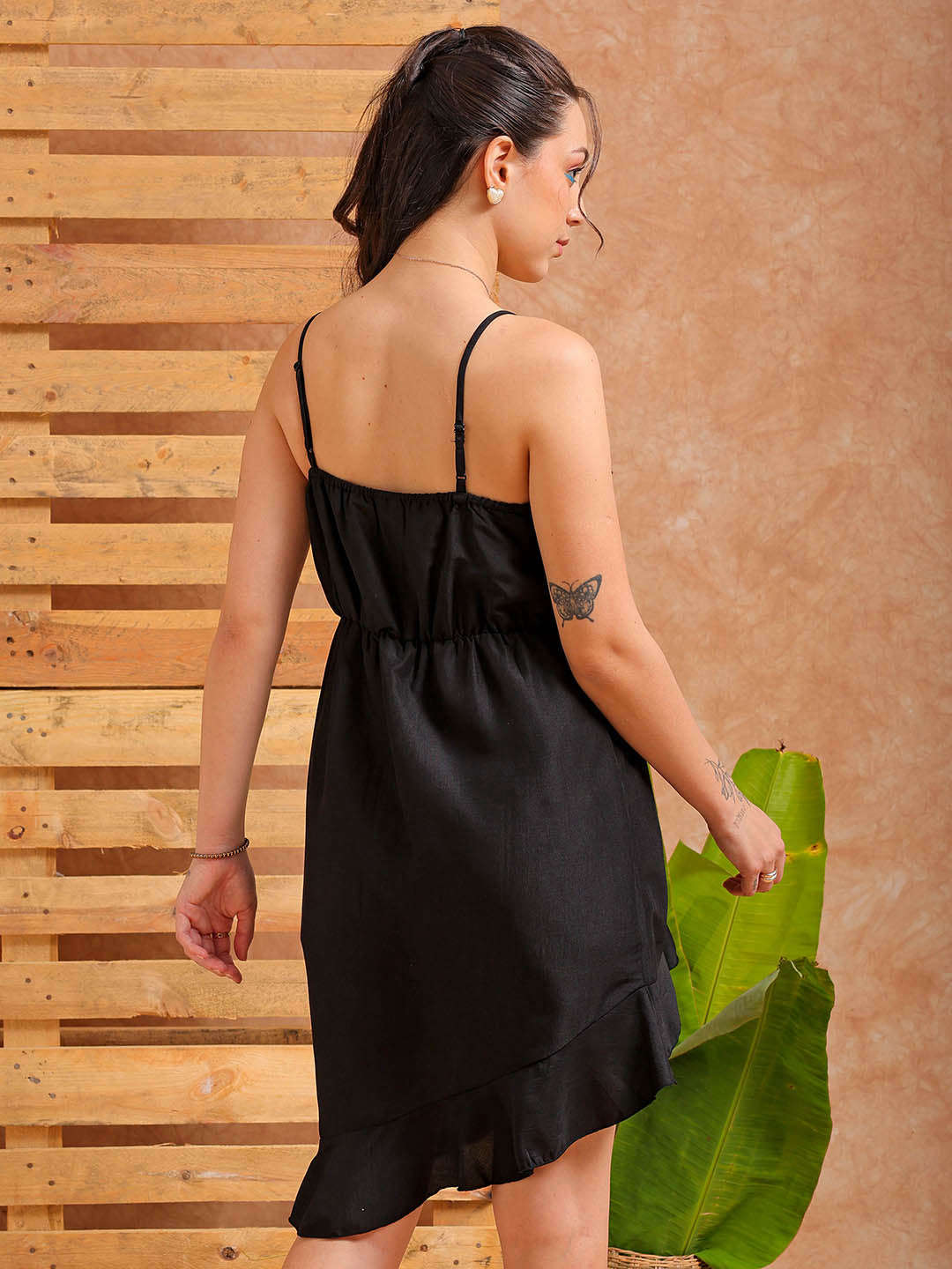 Shop Women's Black Fit and Flare Solid Partywear Asymmetric Dress Online.