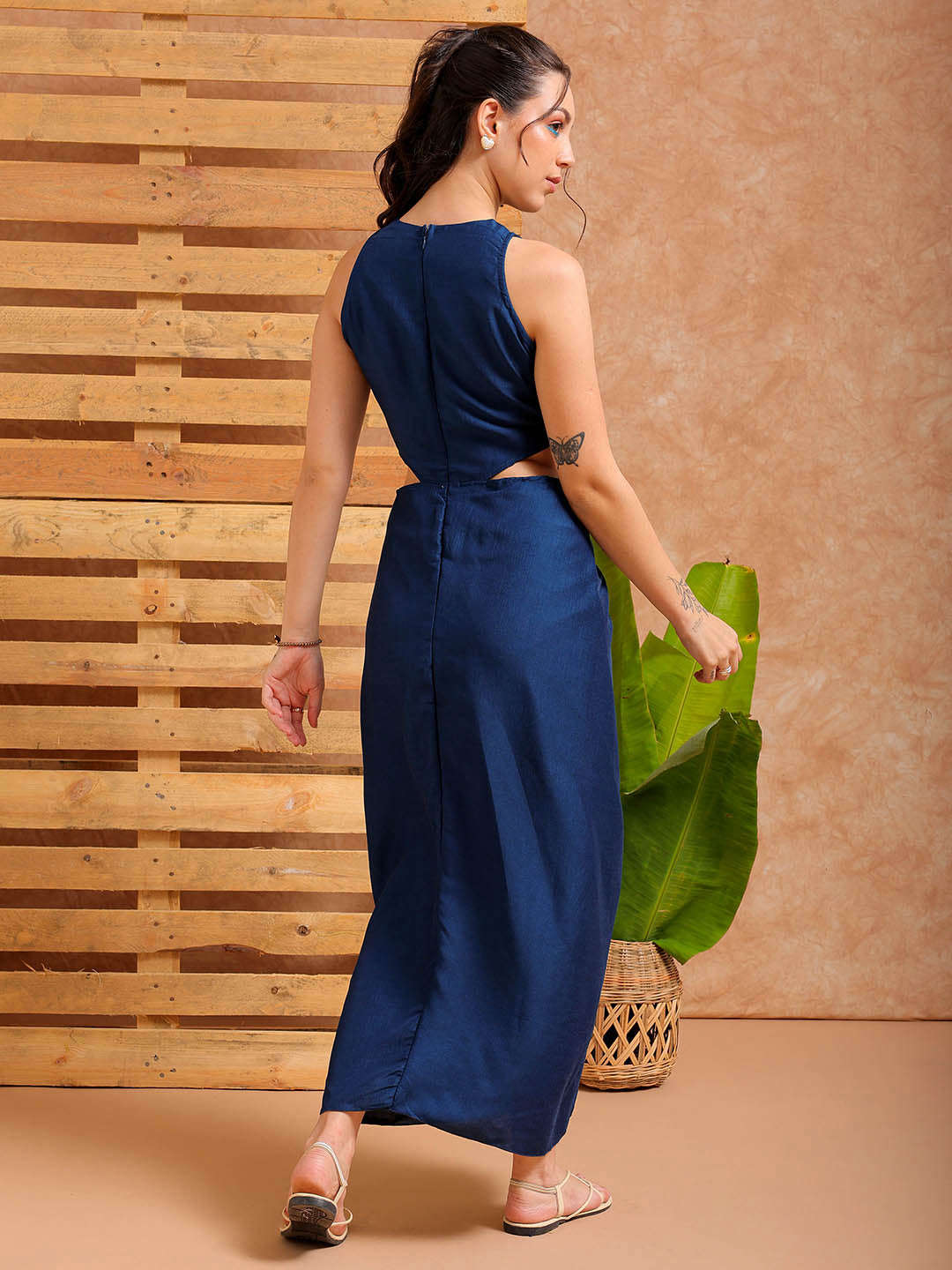 Shop Women's Blue Fit and Flare Solid Partywear Cut Out Dress Online.