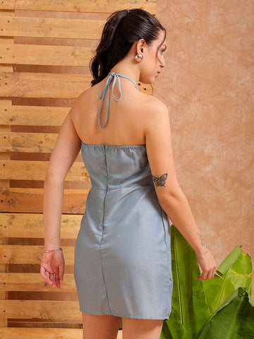 Shop Women's Blue Fitted Solid Casual Wrap Dress Online.