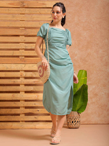 Shop Women's Green A line Solid Casual Pleated Dress Online.