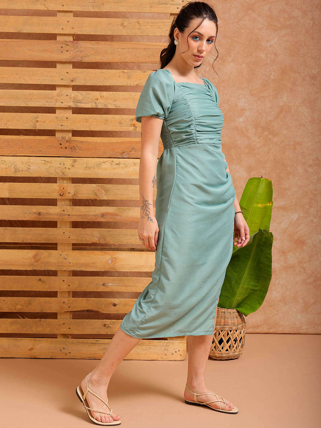 Shop Women's Green A line Solid Casual Pleated Dress Online.